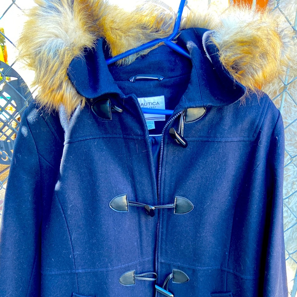 A New Wool Navy Blue Nautica Peacoat, fully lined, fur hoodie, size L. $50